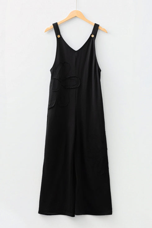 Raw Seam Floral Patch Wide Leg Overall Jumpsuit