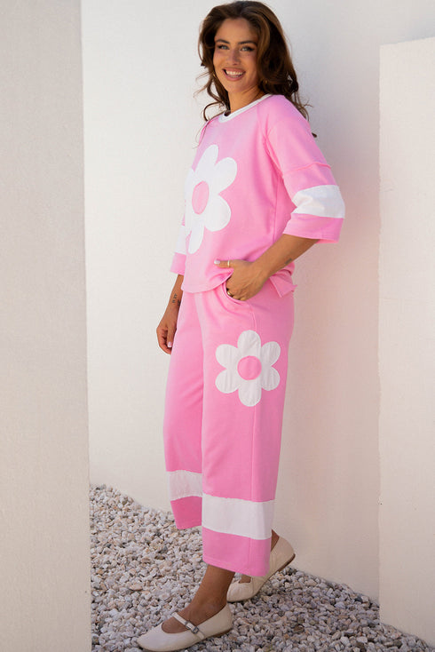Raw Seam Flower Applique Wide Leg Loose Pant Set