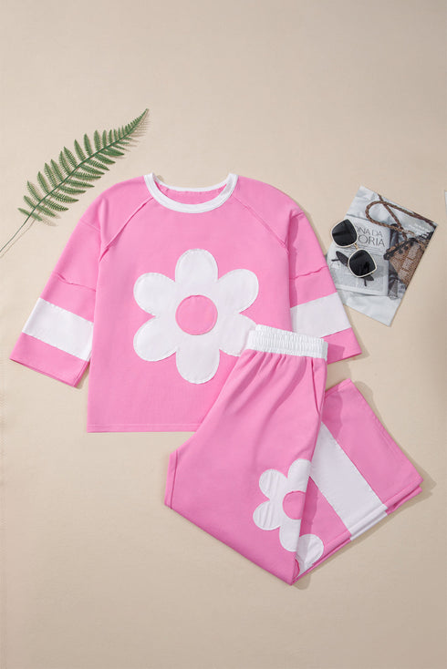 Raw Seam Flower Applique Wide Leg Loose Pant Set