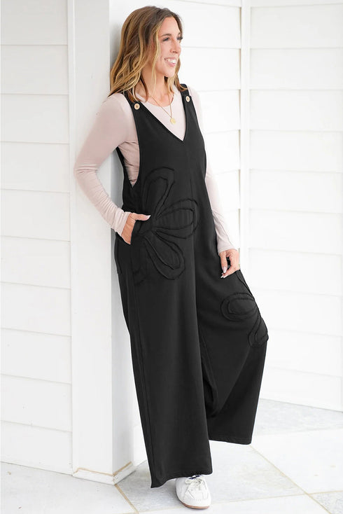 Raw Seam Flower Applique Wide Leg Overall Jumpsuit