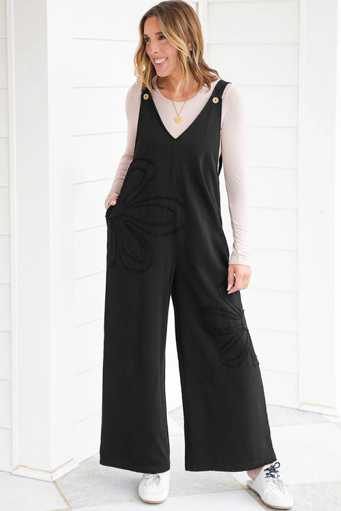Raw Seam Flower Applique Wide Leg Overall Jumpsuit