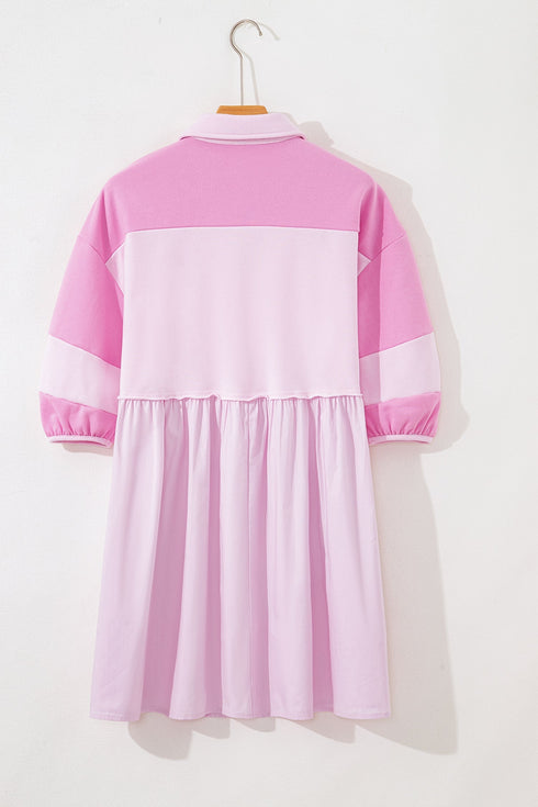 Raw Seam Patchwork A Line Polo Collar Mini Dress