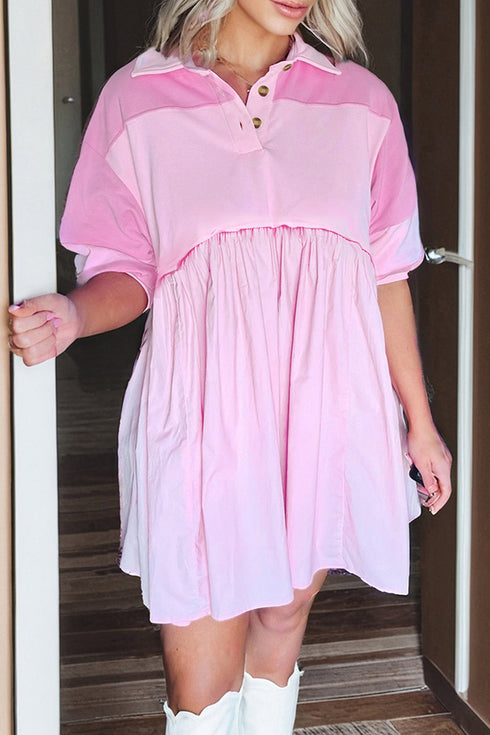 Raw Seam Patchwork A Line Polo Collar Mini Dress
