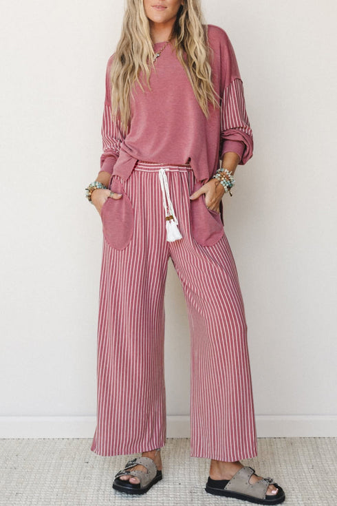 Raw Seam Patchwork Long Sleeve Top Pocketed Wide Leg Pant Set