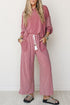 Raw Seam Patchwork Long Sleeve Top Pocketed Wide Leg Pant Set