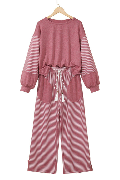 Raw Seam Patchwork Long Sleeve Top Pocketed Wide Leg Pant Set