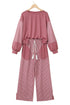 Raw Seam Patchwork Long Sleeve Top Pocketed Wide Leg Pant Set