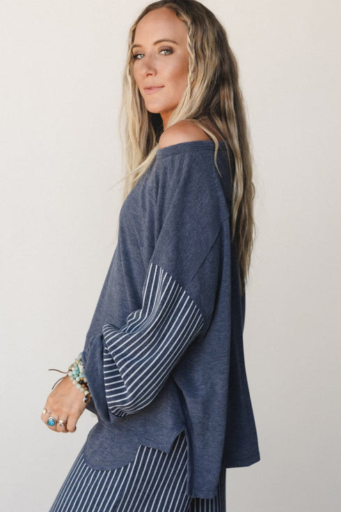 Raw Seam Patchwork Striped Long Sleeve Pant Set
