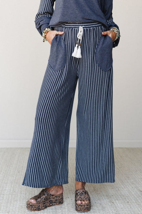 Raw Seam Patchwork Striped Long Sleeve Pant Set