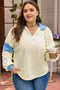 Raw Seam Patchwork V Neck Plus Size Long Sleeve Top