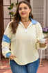 Raw Seam Patchwork V Neck Plus Size Long Sleeve Top