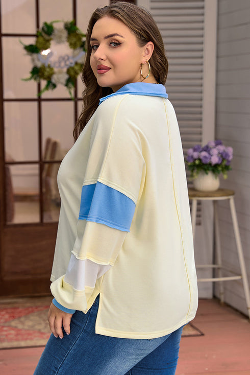Raw Seam Patchwork V Neck Plus Size Long Sleeve Top