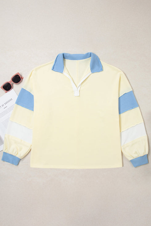 Raw Seam Patchwork V Neck Plus Size Long Sleeve Top