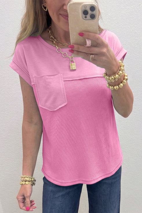 Raw Seam Waffle Knit Patchwork T Shirt