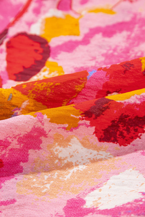 Red Abstract Print Split V Neck Ruffle Short Sleeve Blouse