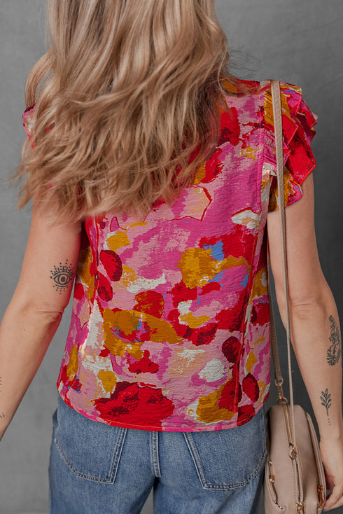 Red Abstract Print Split V Neck Ruffle Short Sleeve Blouse