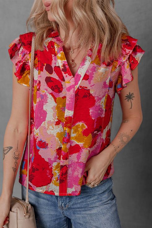 Red Abstract Print Split V Neck Ruffle Short Sleeve Blouse