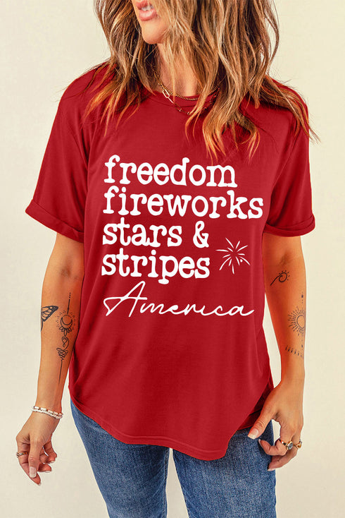 Red American Freedom Day Slogan Print T Shirt