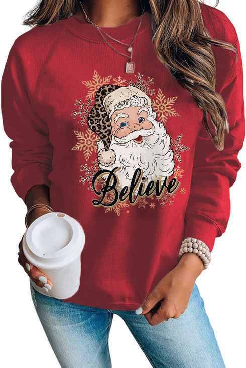 Red Believe Santa Claus Snowflake Print Graphic Sweatshirt