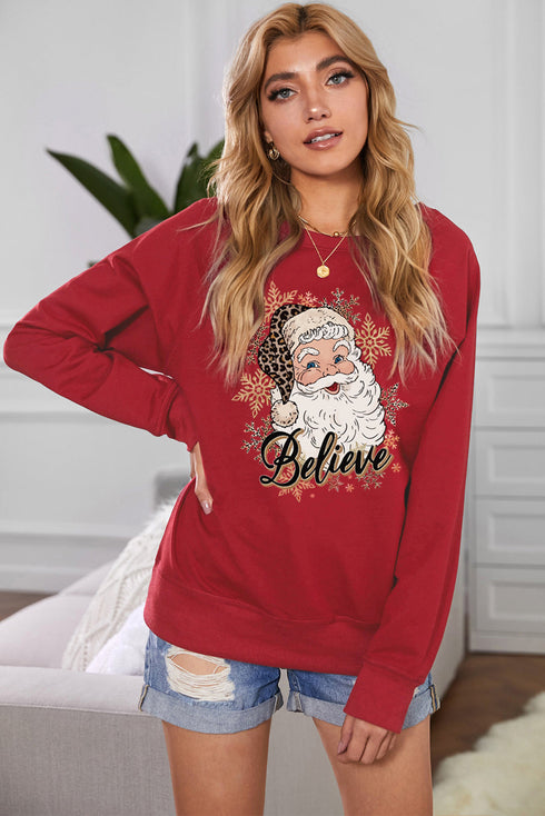 Red Believe Santa Claus Snowflake Print Graphic Sweatshirt