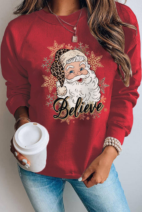 Red Believe Santa Claus Snowflake Print Graphic Sweatshirt