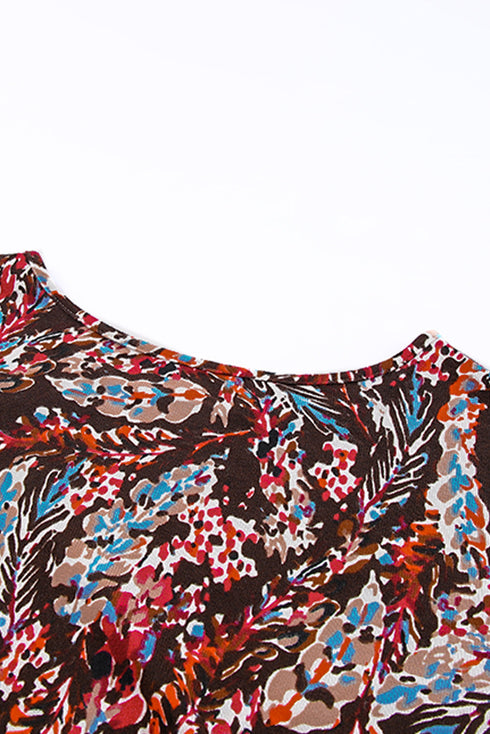 Red Blackish Plant Print Balloon Sleeve Curvy Dress