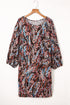 Red Blackish Plant Print Balloon Sleeve Curvy Dress