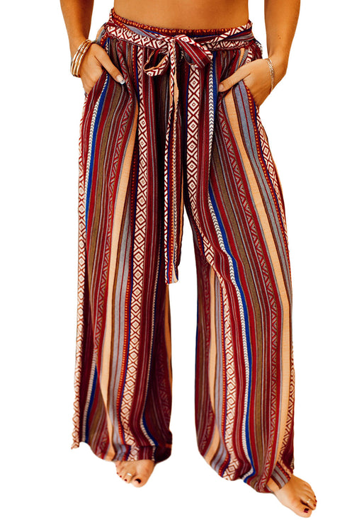 Red Boho Ethnic Striped Print Tie Waist Wide Leg Pants