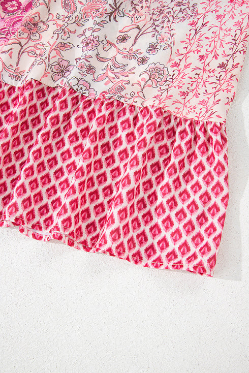 Red Boho Pattern Print Tassel Drawstring High Waist Maxi Dress