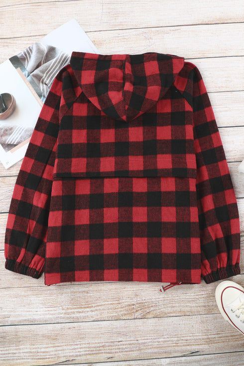 Red Buffalo Plaid Zipped Front Pocketed Hoodie
