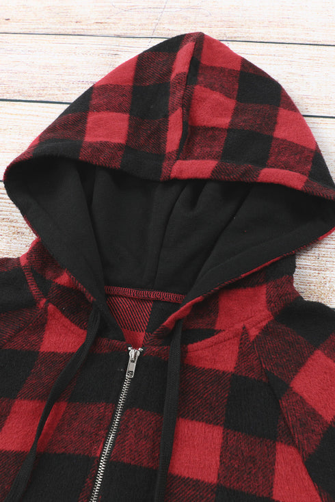 Red Buffalo Plaid Zipped Front Pocketed Hoodie