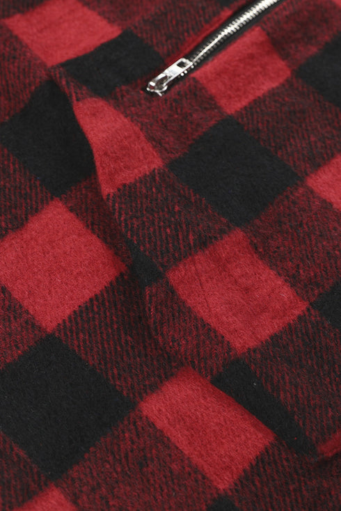 Red Buffalo Plaid Zipped Front Pocketed Hoodie