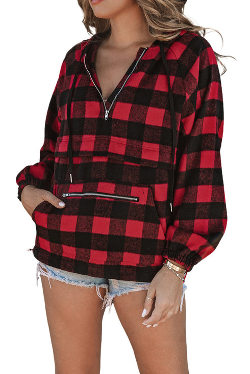 Red Buffalo Plaid Zipped Front Pocketed Hoodie