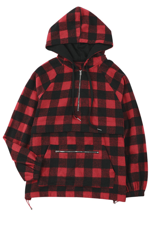 Red Buffalo Plaid Zipped Front Pocketed Hoodie