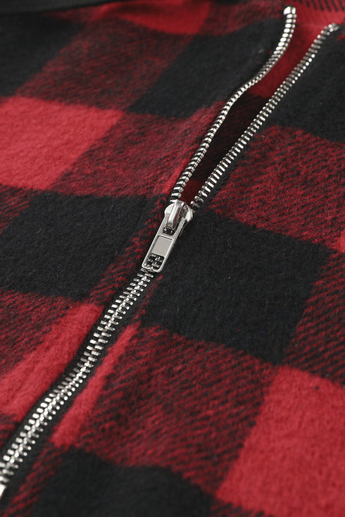 Red Buffalo Plaid Zipped Front Pocketed Hoodie