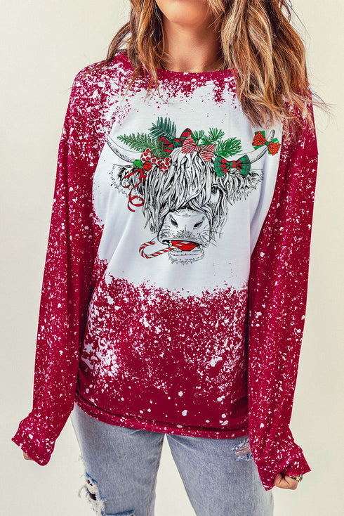 Red Christmas Cow Bleach Print Long Sleeve Sweatshirt