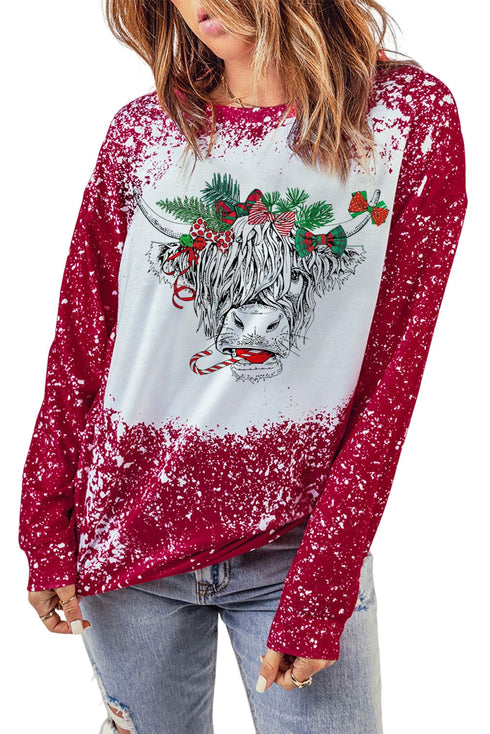 Red Christmas Cow Bleach Print Long Sleeve Sweatshirt