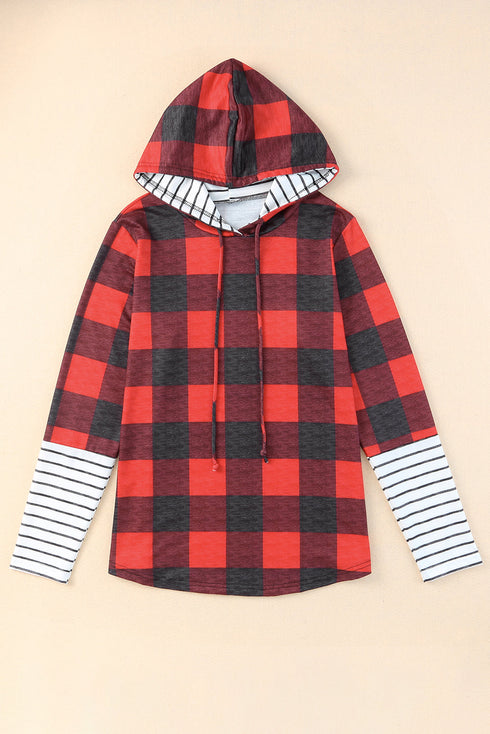 Red Christmas Plaid Striped Patchwork Drawstring Hoodie