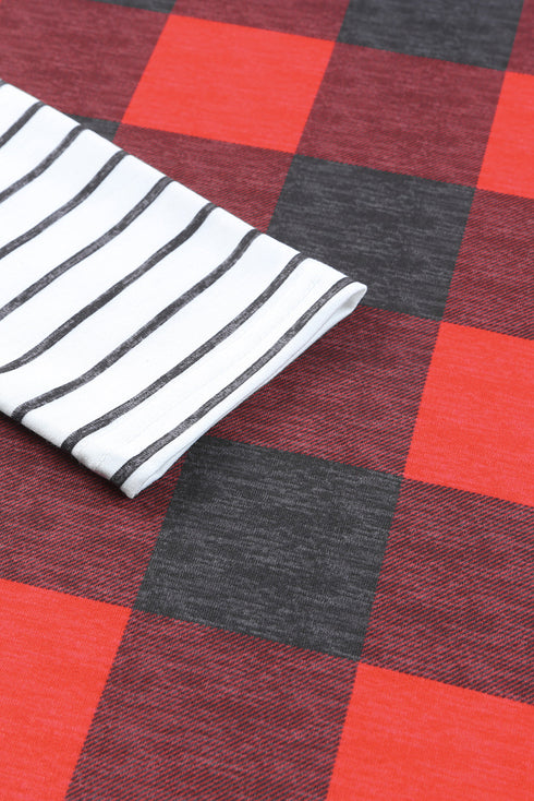 Red Christmas Plaid Striped Patchwork Drawstring Hoodie