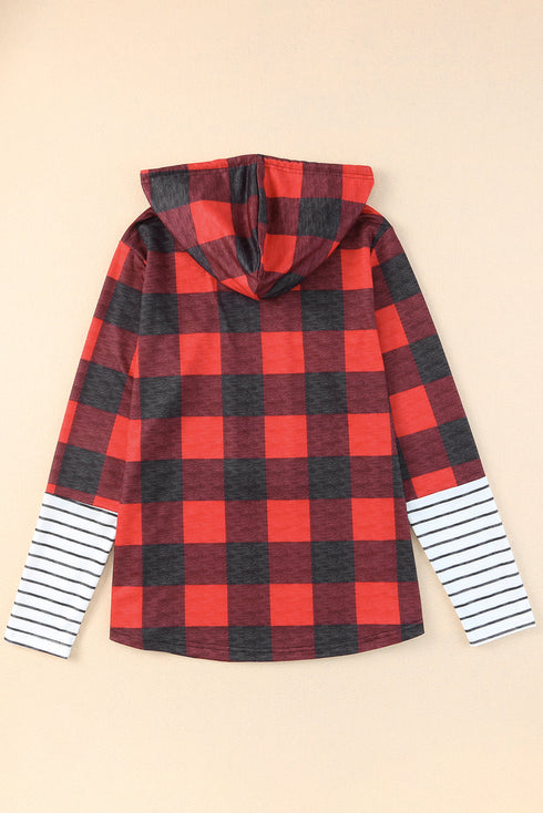Red Christmas Plaid Striped Patchwork Drawstring Hoodie