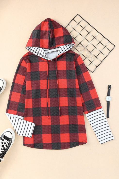 Red Christmas Plaid Striped Patchwork Drawstring Hoodie