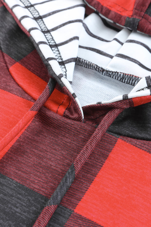 Red Christmas Plaid Striped Patchwork Drawstring Hoodie