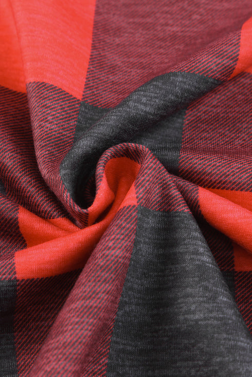 Red Christmas Plaid Striped Patchwork Drawstring Hoodie