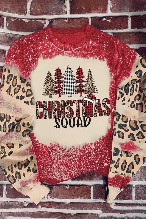 Red Christmas Tree Leopard Bleached Print Pullover Sweatshirt