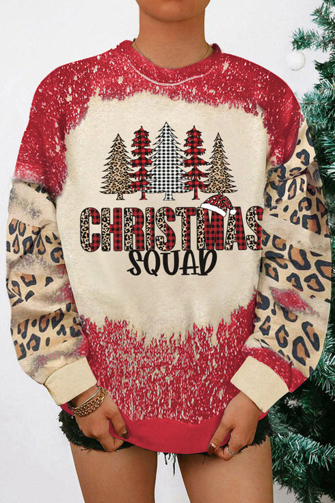 Red Christmas Tree Leopard Bleached Print Pullover Sweatshirt