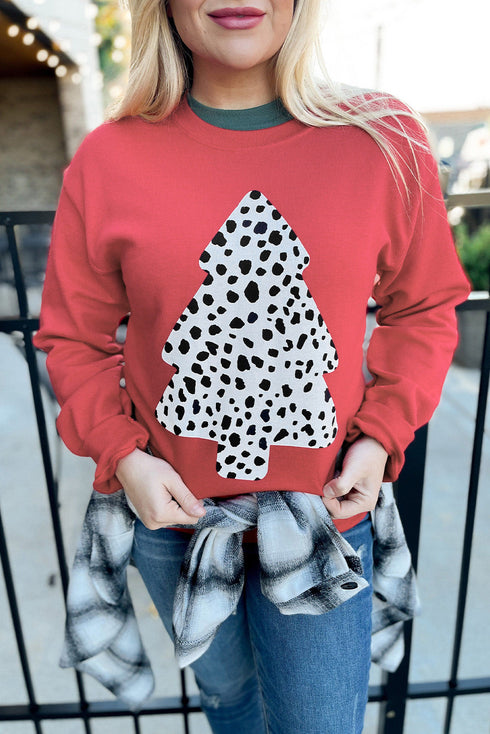 Red Christmas Tree Leopard Print Pullover Sweatshirt