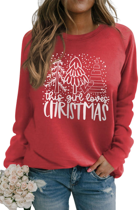 Red Christmas Tree Letter Print Long Sleeve Graphic Sweatshirt