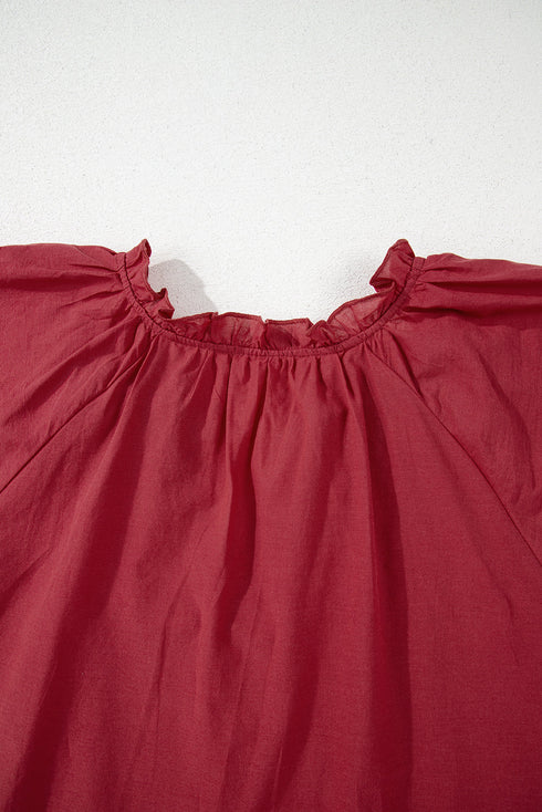 Red Dahlia Floral Embroidered Scallop Trim Short Sleeve V Neck Blouse