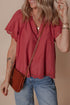 Red Dahlia Floral Embroidered Scallop Trim Short Sleeve V Neck Blouse