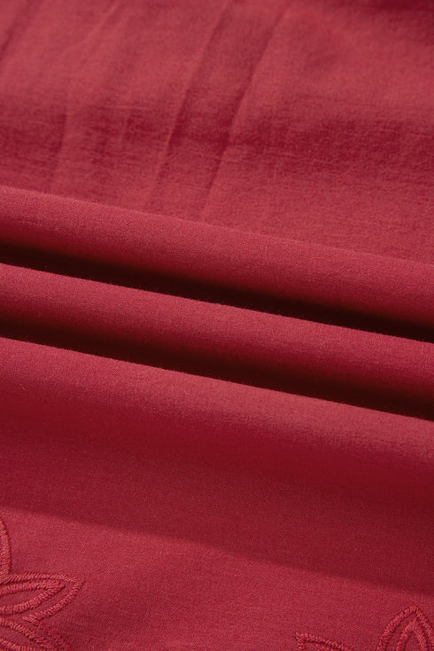 Red Dahlia Floral Embroidered Scallop Trim Short Sleeve V Neck Blouse